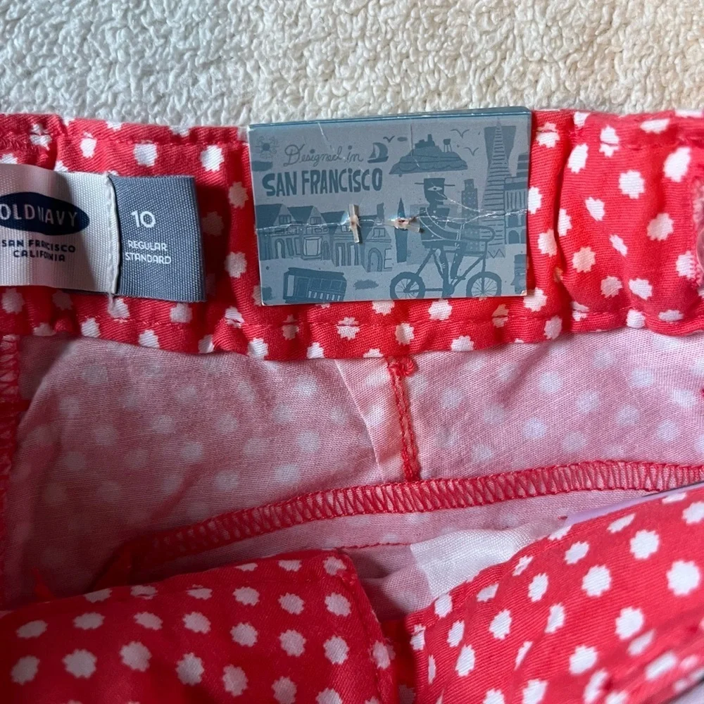 NWT Old Navy “the Pixie” pants, orange red w/white polka dots. Sz 10